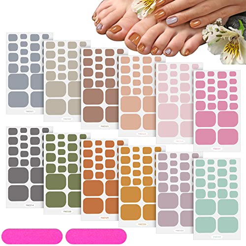 Leelosp 264 Pieces 12 Sheets Toenail Polish Stickers Strips Full Toe Nail Wraps Adhesive Toe Wraps DIY Solid Color Manicure Decal with 2 Pieces Nail Files for Women(Warm Colors) - Image 1