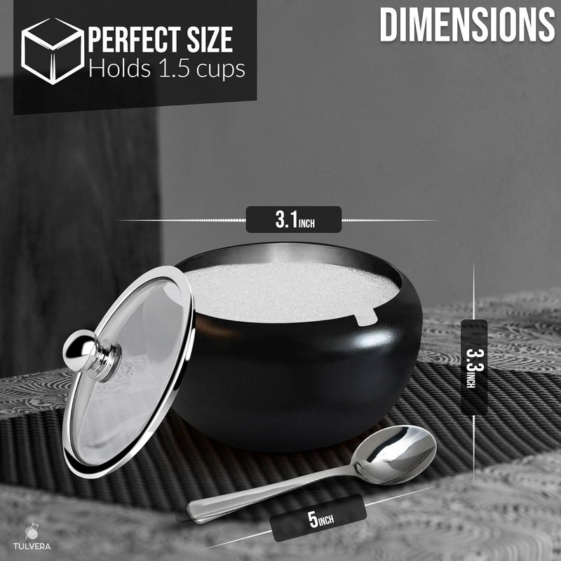 Tulvera Sugar Bowl with Lid and Spoon | 12oz Sugar Container for Coffee Bar | Stainless Steel Holder Jar for Salt, Tea, Candy, Sugar Cube, Brown Sugar, Ghee | Kitchen Countertop Storage Accessories | 350ml - Image 3