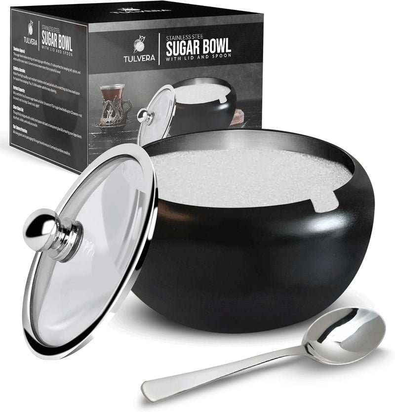 Tulvera Sugar Bowl with Lid and Spoon | 12oz Sugar Container for Coffee Bar | Stainless Steel Holder Jar for Salt, Tea, Candy, Sugar Cube, Brown Sugar, Ghee | Kitchen Countertop Storage Accessories | 350ml - Image 1