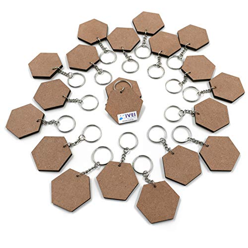 IVEI DIY MDF Key Chains - Hexagon Shaped Wooden Sheet Craft - Set of 20 (2 in X 2 in) for Decoupage, Resin Art & Decoration - Image 1