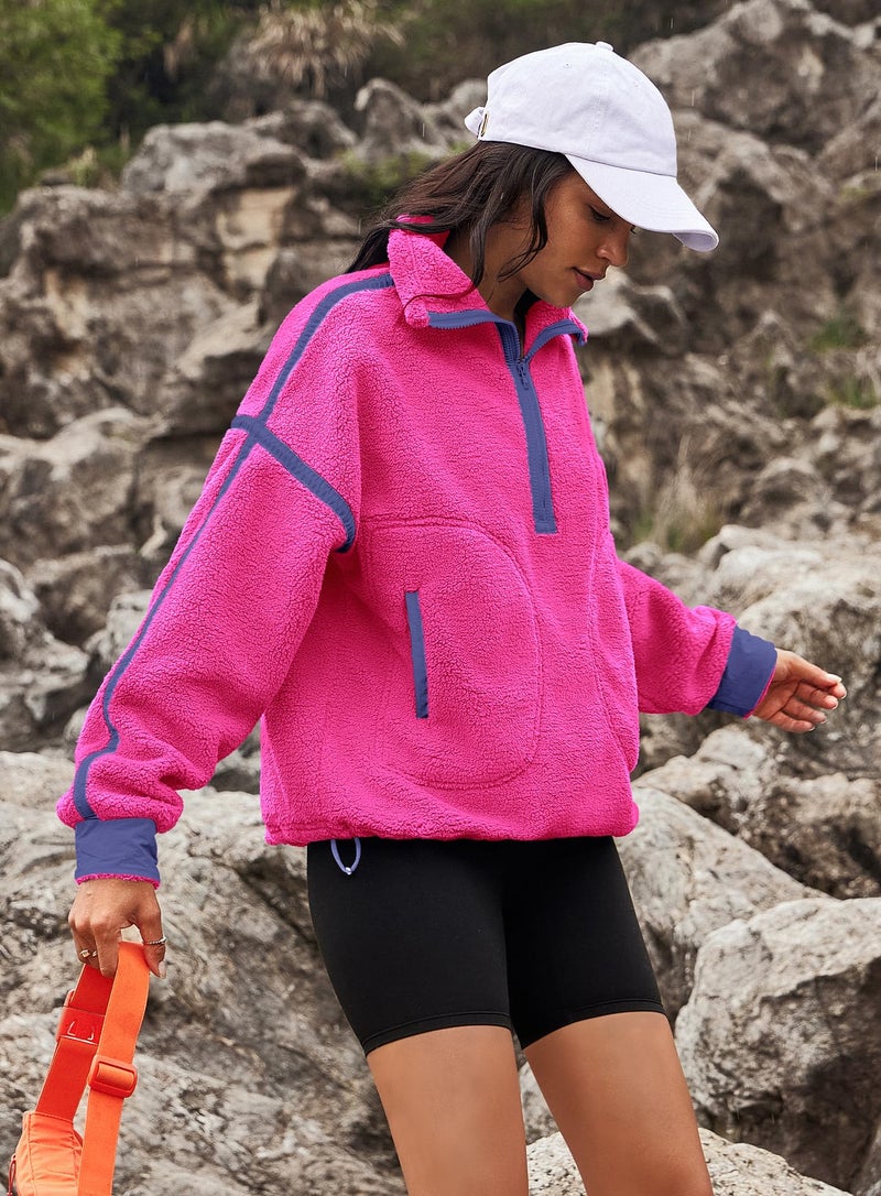 Yanekop 1/4 Zip Pullover Women Zip Up Sweatshirt Fleece Pullover Christmas Sweaters Long Sleeve V Neck Sweaters(Hot Pink 1,S) - Image 4