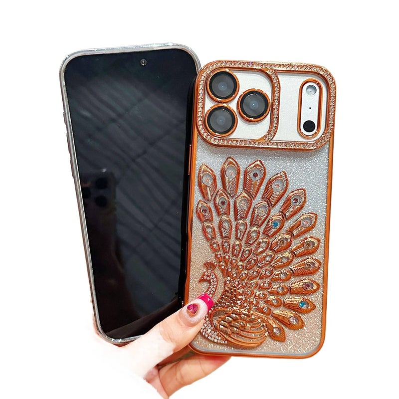غطاء واقي بTPU لـ iPhone 14 / 14 Plus / 14 Pro / 14 Pro Max مع نقش الطاووس اللامع وكريستال راينستون مع مقاوم للصدمات مع مقاوم لبصمات الأصابع مع حماية من السقوط باللون Gradient بتف. - Image 3