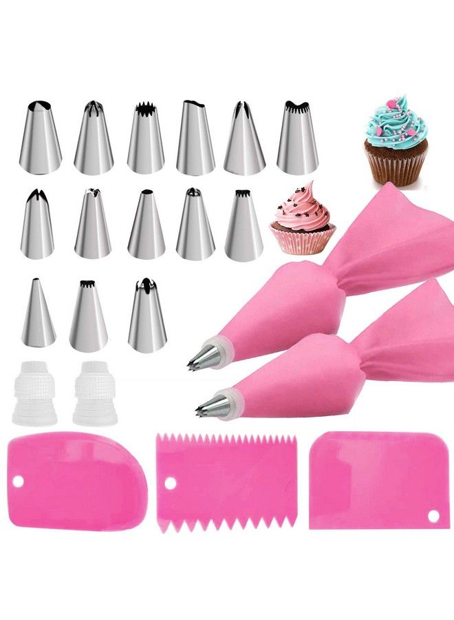 Jutoe 22Pcs Piping Bags And Tips Set2 Reusable Silicone Pastry Bag With 14 Stainless Steel Nozzle Icing Tips Set 3 Icing Smoother & 2 Couplers &1Sealing Clip For Baking Decorating Cake Tool (Pink) - Image 1