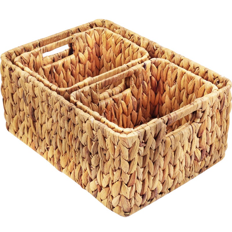 HOONEX Water Hyacinth Storage Baskets Wicker Baskets for Storage Hand Woven Baskets with Carry Handles Set of 3 Natural