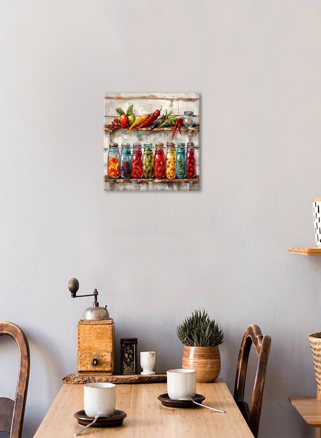 AIYISU Colorful Kitchen Wall Decor Mason Jar Canvas Wall Art Farmhouse Spices Food Prints Pictures Rustic Still Life Painting Vintage Peppers Herbs Vegetables Poster Artwork for Dining Room Decoration 12x16" - Image 3