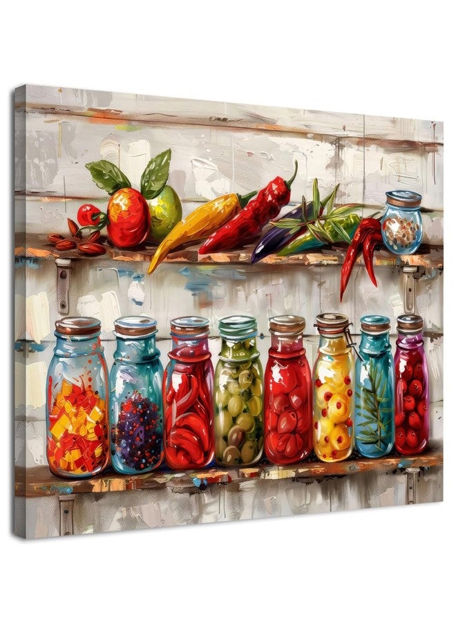 AIYISU Colorful Kitchen Wall Decor Mason Jar Canvas Wall Art Farmhouse Spices Food Prints Pictures Rustic Still Life Painting Vintage Peppers Herbs Vegetables Poster Artwork for Dining Room Decoration 12x16" - Image 1
