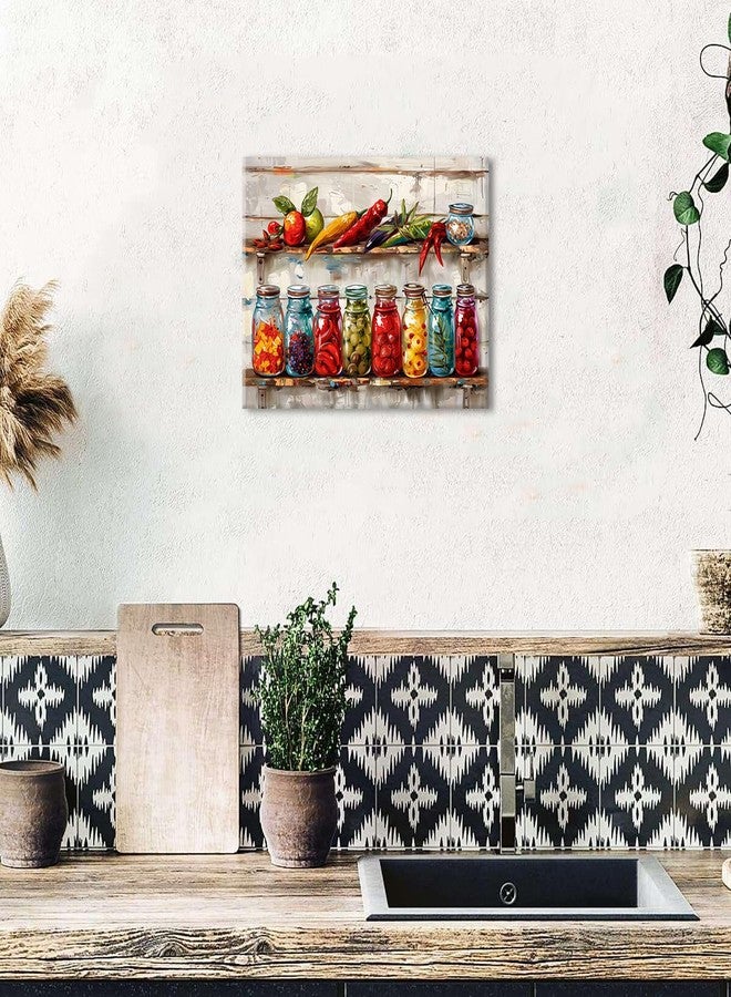 AIYISU Colorful Kitchen Wall Decor Mason Jar Canvas Wall Art Farmhouse Spices Food Prints Pictures Rustic Still Life Painting Vintage Peppers Herbs Vegetables Poster Artwork for Dining Room Decoration 12x16" - Image 2