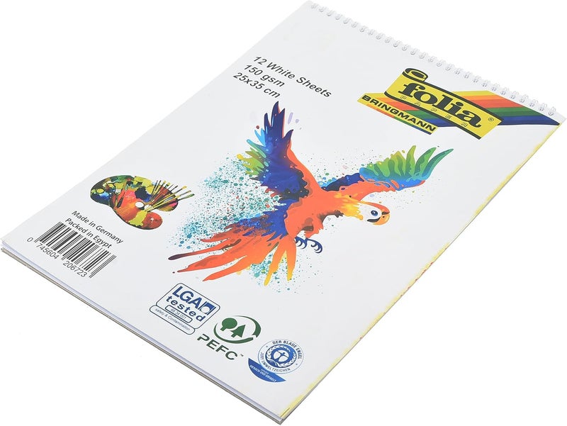 Folia Drawing Sketch Pad 12 Sheets 150gsm 25×35cm 1/8 Sheet – Spiral-Bound White Paper Ideal for Pencil, Ink, and Mixed Media Sketching