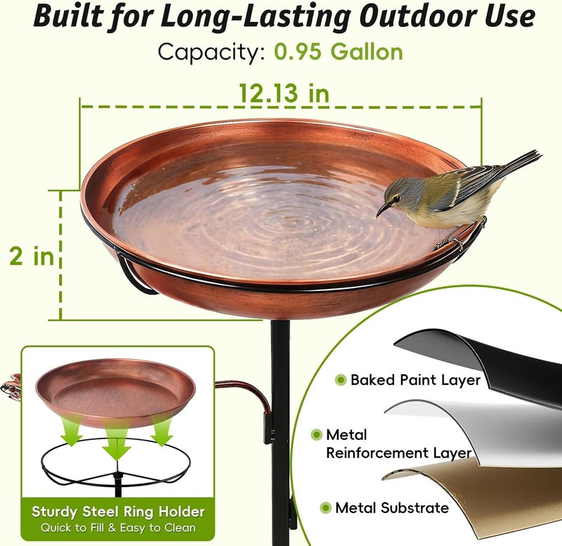 DRQ 35'' Metal Bird Bath for Outside, 12'' Dia × 2'' Deep Birdbath Bowl, Bird Feeder with 6.5'' 5-Pronged Base for Garden Decor, Patio, Yard, Lawn – Vintage Brown - Image 4