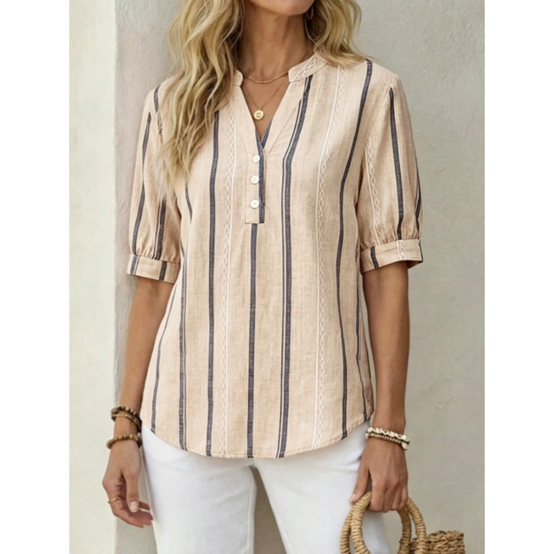 Women's Short Sleeve Loose Striped Printed T-Shirt - Image 2