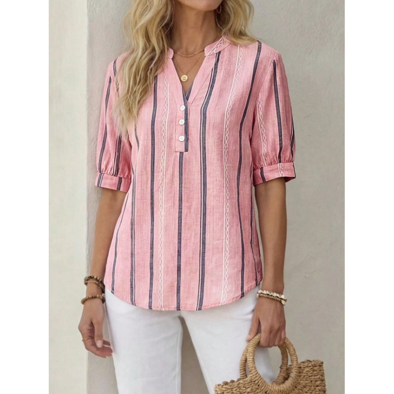 Women's Short Sleeve Loose Striped Printed T-Shirt - Image 5