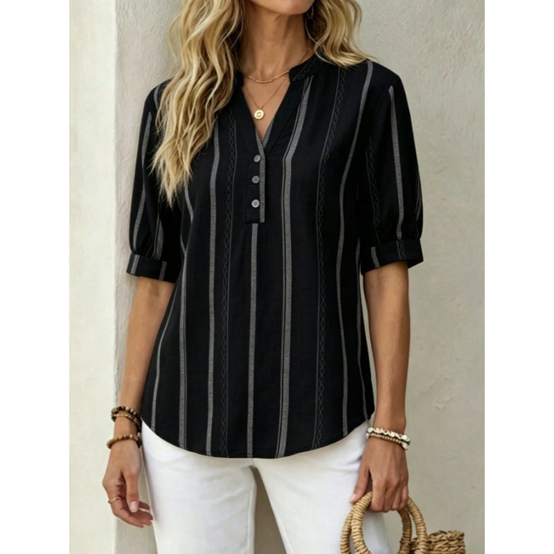 Women's Short Sleeve Loose Striped Printed T-Shirt - Image 4