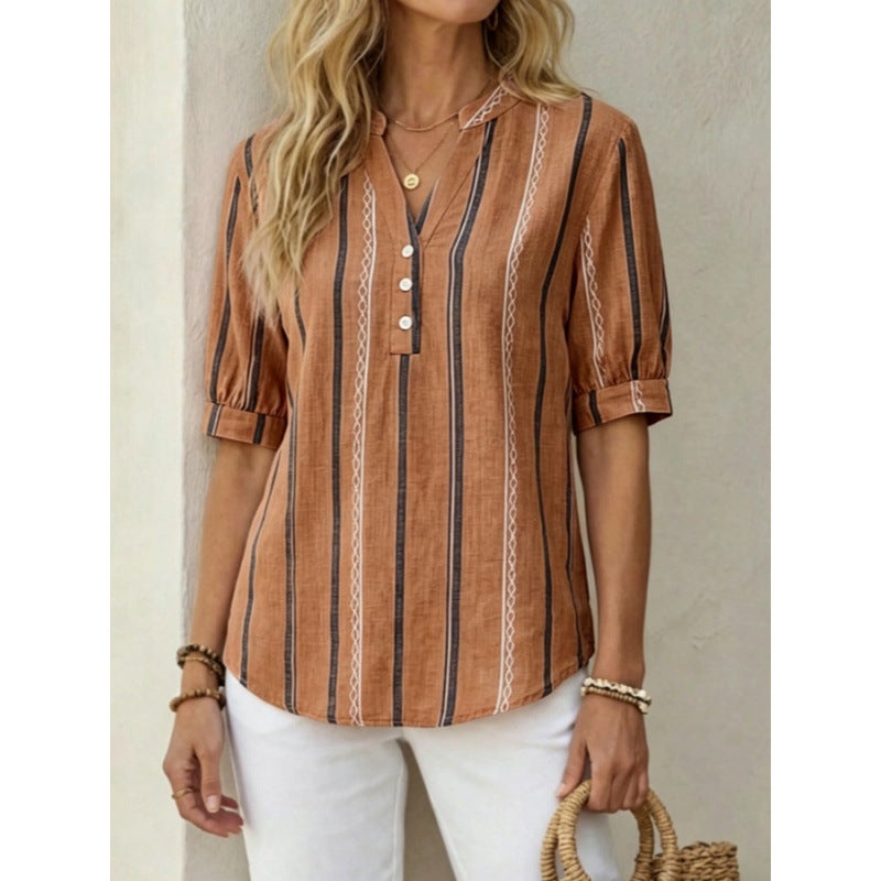 Women's Short Sleeve Loose Striped Printed T-Shirt - Image 3