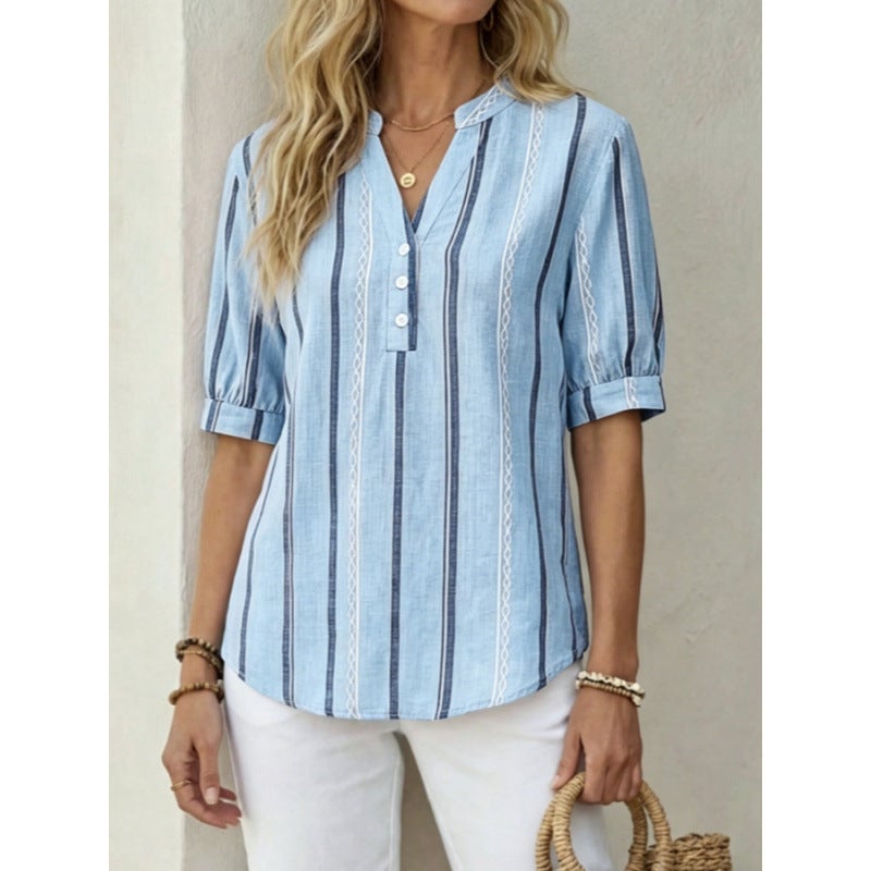 Women's Short Sleeve Loose Striped Printed T-Shirt - Image 1