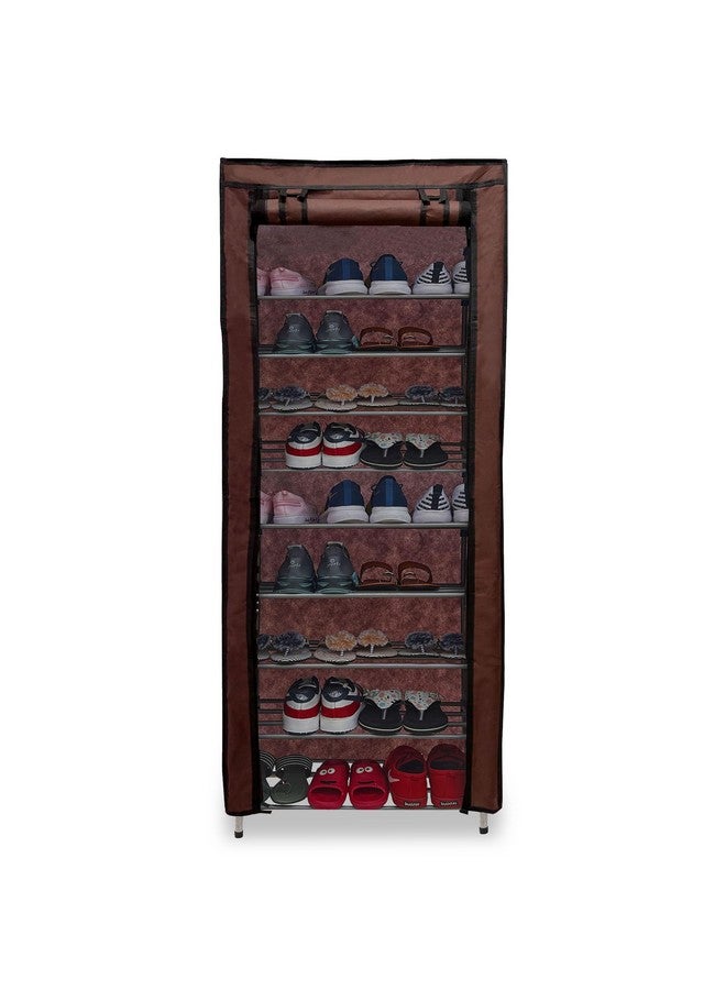 SANAMSTORE رف أحذية معدني بعمود 9 طبقات من SANAMSTORE مع غطاء قماش غير منسوج 100GSM لرف الأحذية للمنزل، المكتب، رف الملابس/الألعاب/الكتب - بني - Image 1