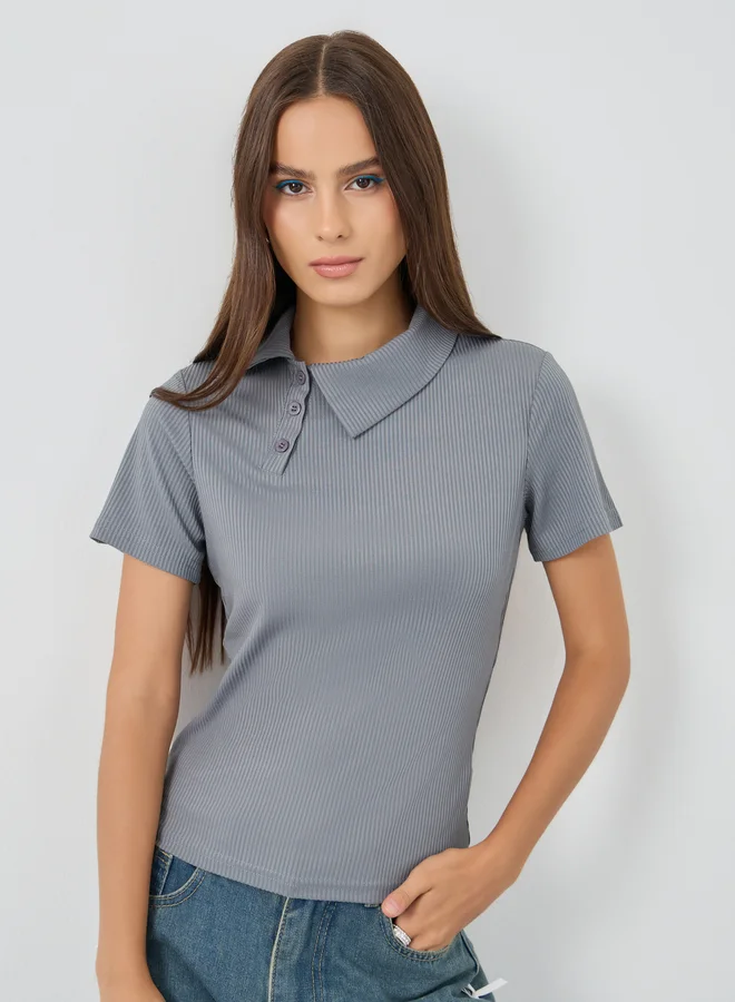 Take Two Take Two Textured Polo Neck Short Sleeve Top