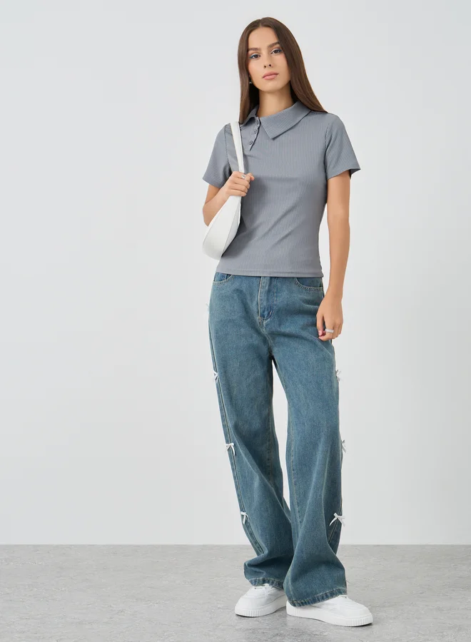 Take Two Take Two Textured Polo Neck Short Sleeve Top
