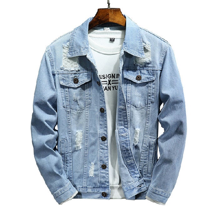 Ripped Denim Jacket New Korean Slim Fit for Men Light blue 