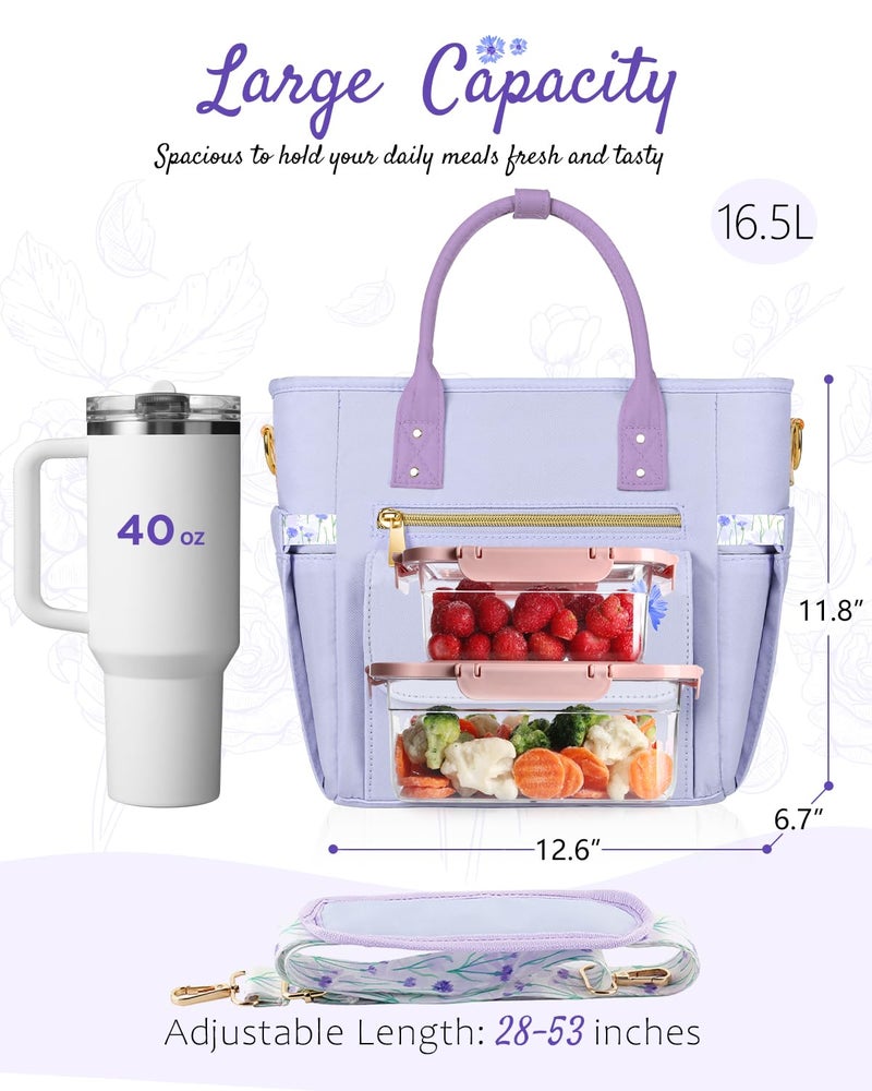 GLORIEROO Deluxe Insulated Lunch Box Bag Women - Leakproof Waterproof Cooler with Multi Pockets Removable Strap for Work Picnic - Teacher Mothers Day Christmas Birthday Gifts - Image 5