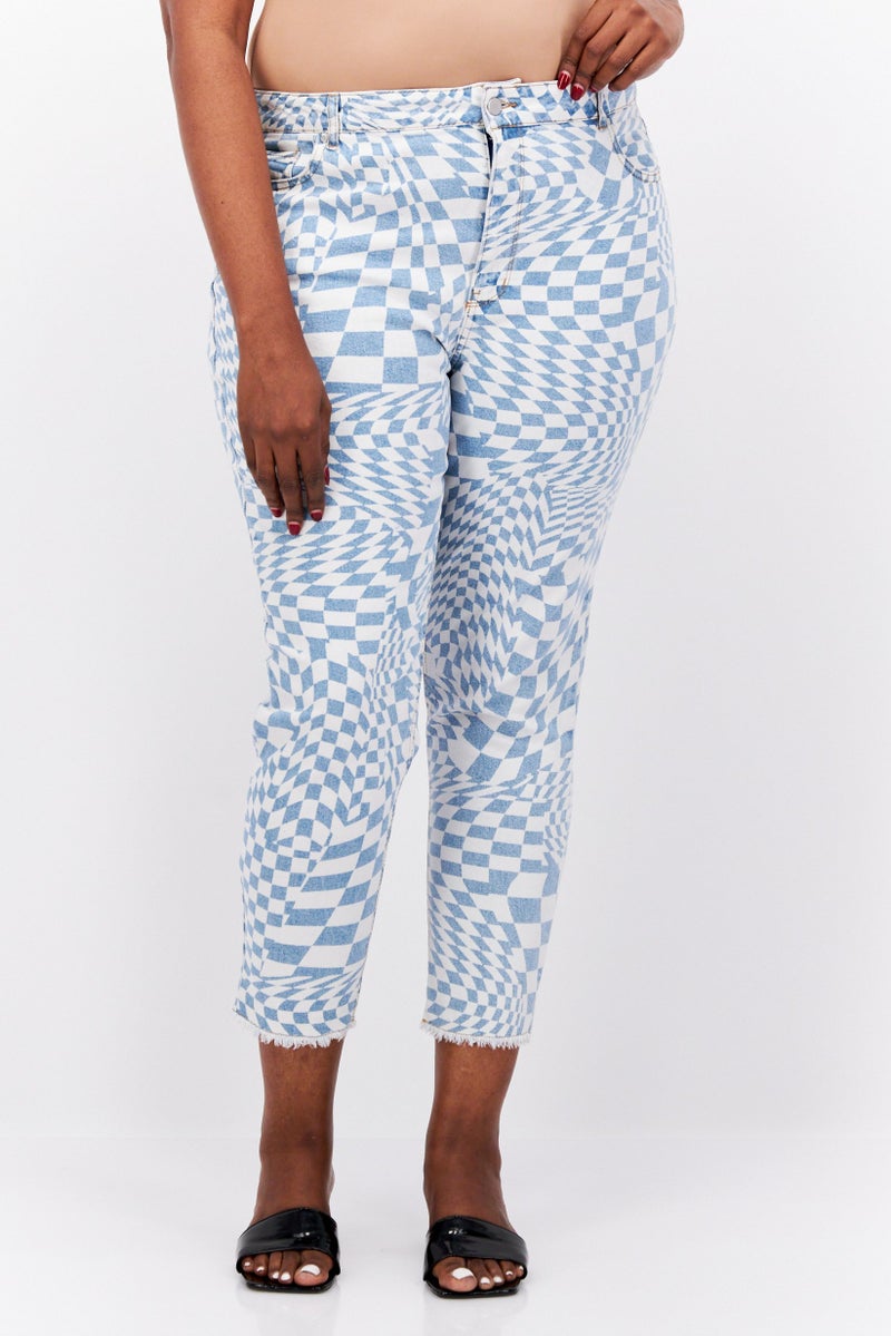 Tinseltown Women Plus Size Checkered Stretchable Jeans, White - Image 1