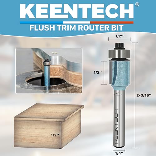 KEENTECH Router Bits 1/4" Shank, Flush Trim Router Bit, Bearing Carbide Tipped Pattern Bit, Template Straight Heavy Duty Woodworking Trimming Cutting Tool for Wood, 1/2" Diameter, 1/2" Depth - Image 2