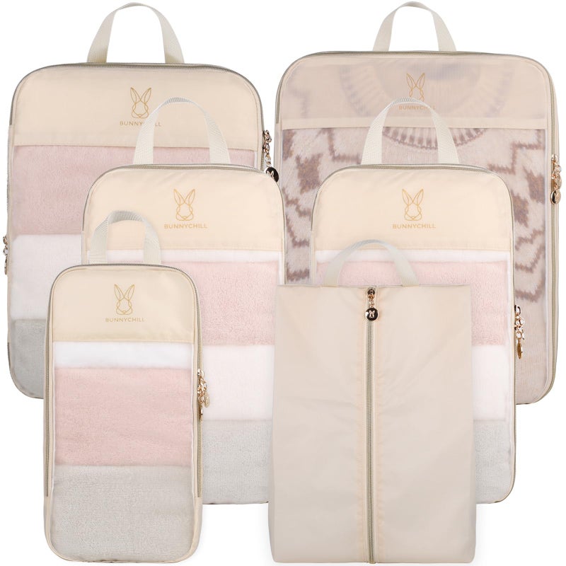 Bunnychill See Through Expandable Compression Packing Cubes, Mesh Travel Packing Cubes for Suitcases, Lightweight Organizers Bag Set for Travel Essentials for Luggage(Beige,8 Set) - Image 1