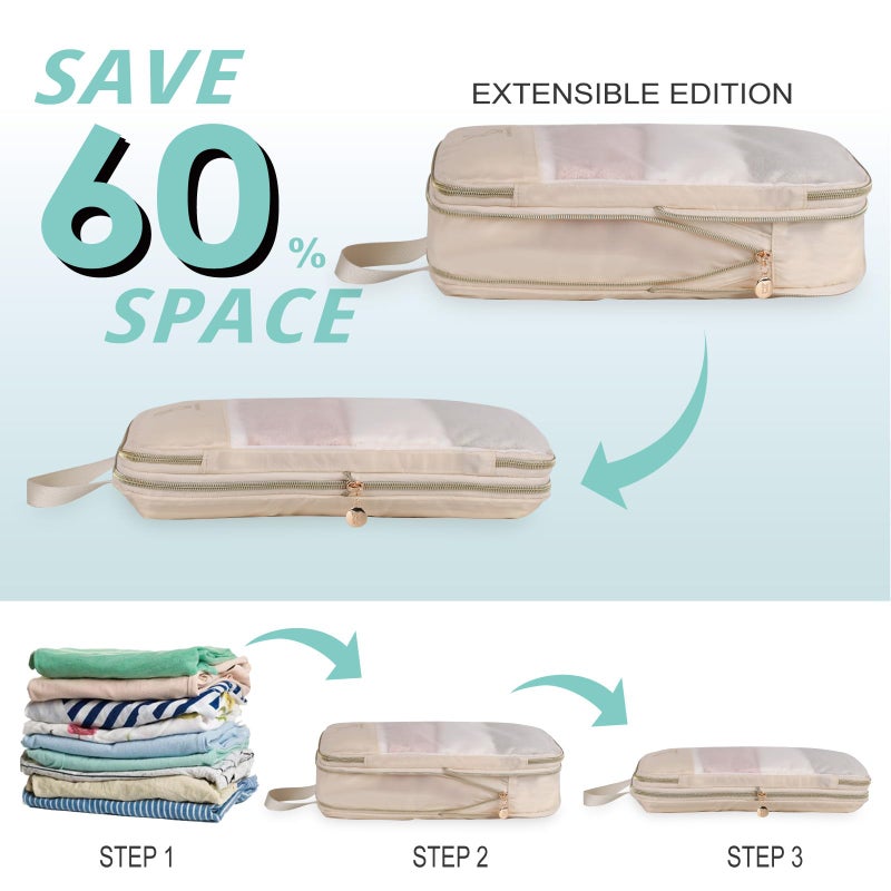 Bunnychill See Through Expandable Compression Packing Cubes, Mesh Travel Packing Cubes for Suitcases, Lightweight Organizers Bag Set for Travel Essentials for Luggage(Beige,8 Set) - Image 5