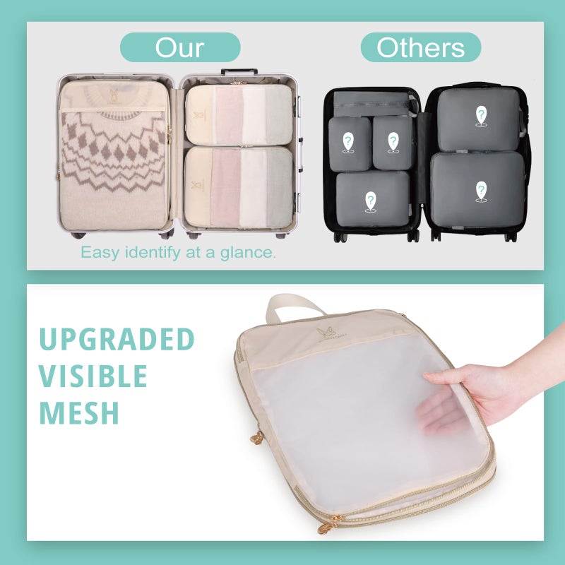 Bunnychill See Through Expandable Compression Packing Cubes, Mesh Travel Packing Cubes for Suitcases, Lightweight Organizers Bag Set for Travel Essentials for Luggage(Beige,8 Set) - Image 3