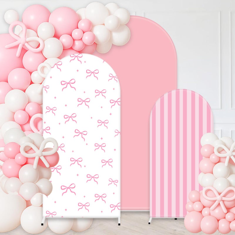 FYSUIMU 3Pcs Pink Bow Arch Cover Pink White Bowknot Stripe Backdrop Photography Background for Photo Booth Props(4ft/5ft/6ft) - Image 1