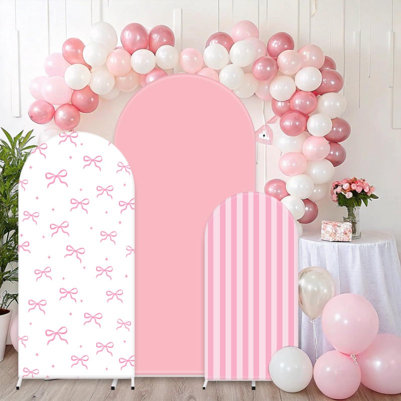 FYSUIMU 3Pcs Pink Bow Arch Cover Pink White Bowknot Stripe Backdrop Photography Background for Photo Booth Props(4ft/5ft/6ft) - Image 5