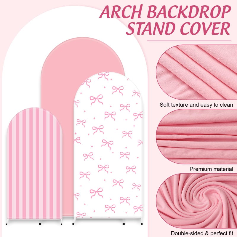 FYSUIMU 3Pcs Pink Bow Arch Cover Pink White Bowknot Stripe Backdrop Photography Background for Photo Booth Props(4ft/5ft/6ft) - Image 3