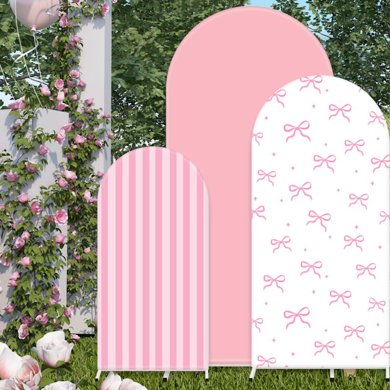 FYSUIMU 3Pcs Pink Bow Arch Cover Pink White Bowknot Stripe Backdrop Photography Background for Photo Booth Props(4ft/5ft/6ft) - Image 4