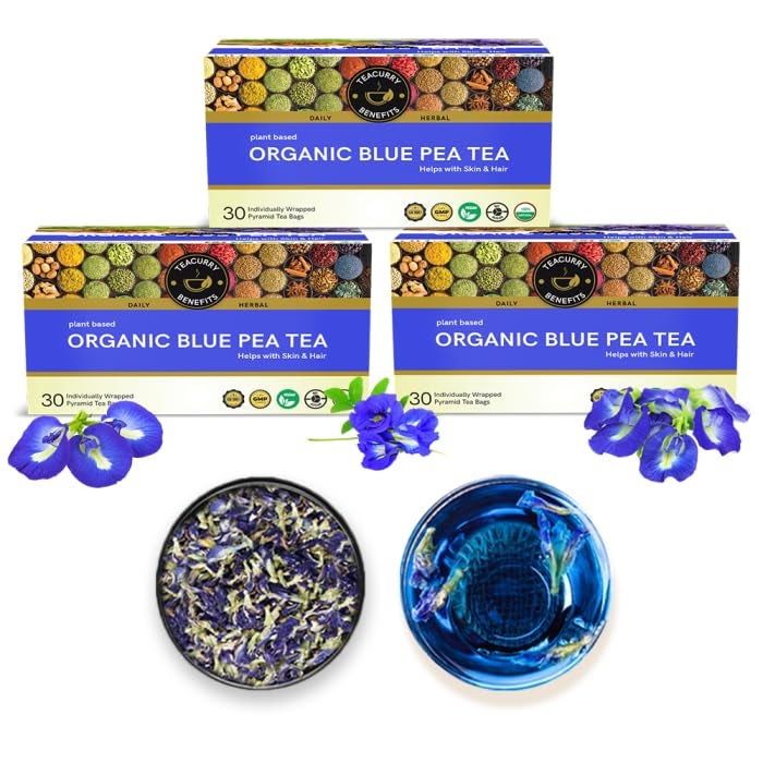 Teacurry Organic Blue Butterfly Pea Tea (90 Bags) - Helps with Skin Glow, Hair Growth, Eyesight, Mood Enhance | GMP, ISO - Imported from Indonesia | 100% Pure and Naturally Pea Flower Tea - Image 1