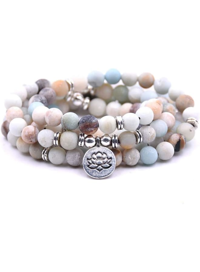 Self-Discovery 108 Natural Beads Mala Yoga Bracelet with Lotus Charm (Amzonite)  - Image 1