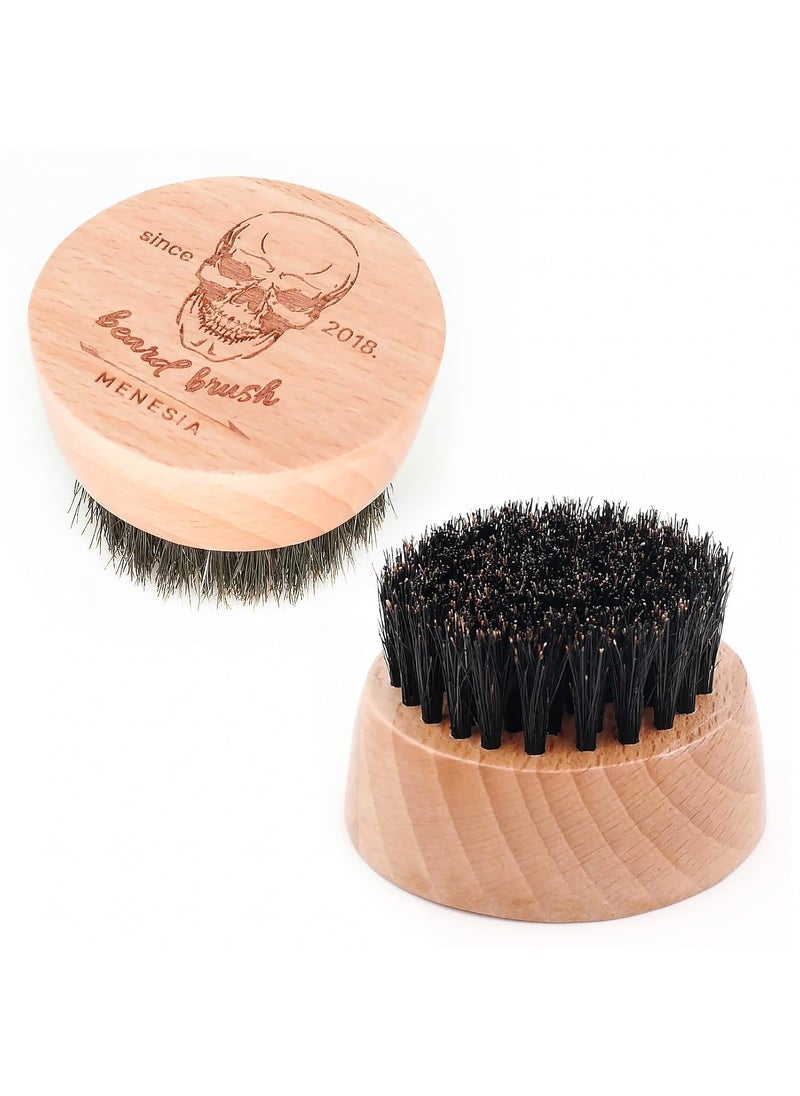 menesia Small and Round Beard Brush Pocket Travel Mens Wooden Boar Bristle Hair Beard Mustache Brush for Men Skull 