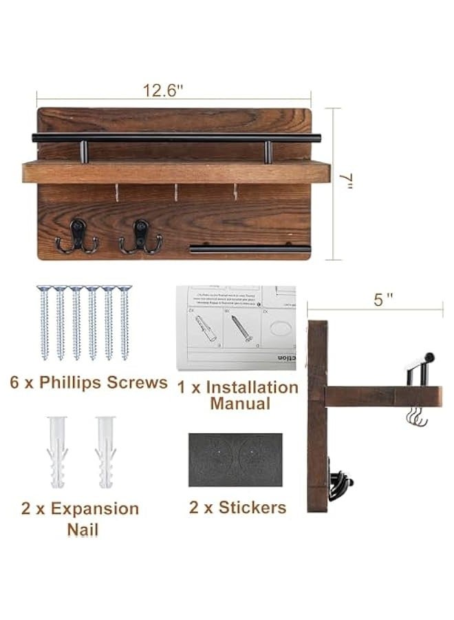 تراسل حامل/علاقة مفاتيح مثبتة على الحائط لتزيين الحائط مع 5 خطافات مفاتيح، منظم رف بريد خشبي مع رف، ديكور منزلي ريفي لمدخل المدخل، مكتب المدخل الطيني - Image 2