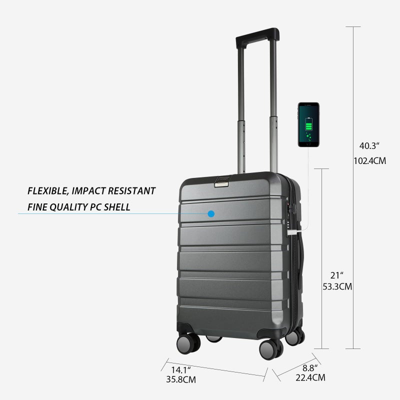 KROSER Hardside Expandable Carry On Luggage with Spinner Wheels & Built-in TSA Lock, Durable Suitcase Rolling Luggage with USB Port, Carry-On 20-Inch Steel Grey - Image 2