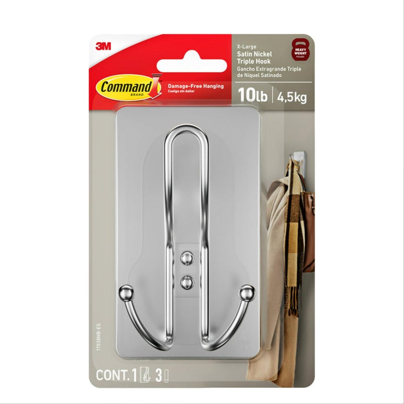 Command X-Large Satin Nickel Triple Hook  1 Hook  3 Command Strips  Damage Free Hanging Wall Hooks With Adhesive Strips  No Tools Wall Hooks For Hanging Decorations In Living Spaces - Image 1