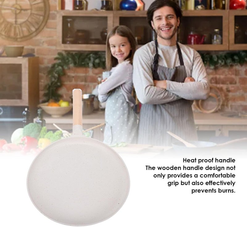 Haofy Pancake Griddle Double Layer Anti Stick Coated Aluminum Alloy Flat Skillet with Heat Proof Wooden Handle for Pancakes Tortillas Crepes Grilled Meats (Beige) - Image 3