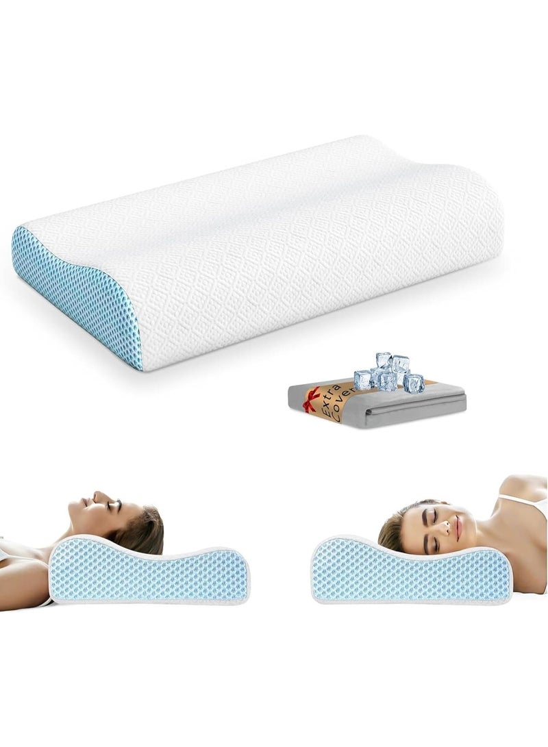 Womdee Memory Foam Cervical Pillow for Neck Pain Relief with Replacement Ice Silk Pillowcase, Cooling Ice Silk Bed Pillow, Ergonomic Orthopedic Contour Support Pillow for Stomach Side & Back Sleepers - Image 1