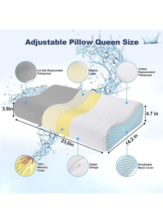 Womdee Memory Foam Cervical Pillow for Neck Pain Relief with Replacement Ice Silk Pillowcase, Cooling Ice Silk Bed Pillow, Ergonomic Orthopedic Contour Support Pillow for Stomach Side & Back Sleepers - Image 2