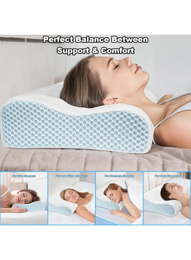 Womdee Memory Foam Cervical Pillow for Neck Pain Relief with Replacement Ice Silk Pillowcase, Cooling Ice Silk Bed Pillow, Ergonomic Orthopedic Contour Support Pillow for Stomach Side & Back Sleepers - Image 4