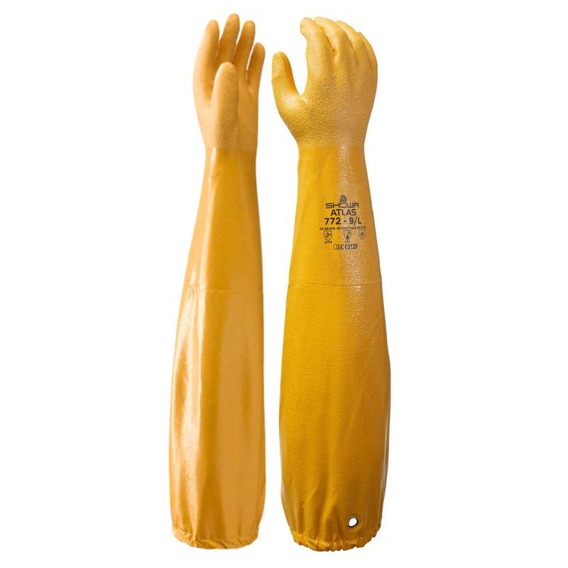 SHOWA قفاز أمان مقاوم للمواد الكيميائية من شووا أطلس 772 مزدوج بطبقة نيتريل كامل الذراع بطول 26 إنش كبير عبوة من 12 زوج