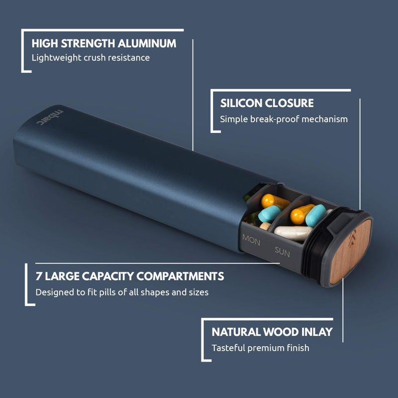 HigherHuman 7 Day Weekly Pill Organizer by mbarc - Premium Stylish Aluminum and Wood Large Capacity Pill Box for Supplements, Pills, Vitamins and Medicine. - Image 2