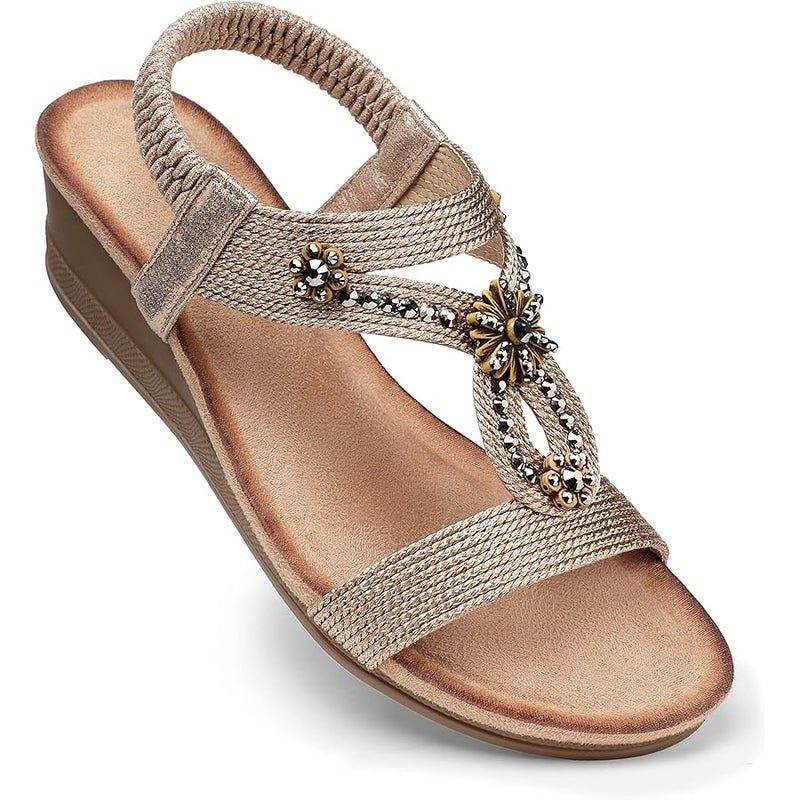 SHIBEVER Womens Wedge Sandals Flower Low Heel Platform Sandals Elastic Ankle Strap Rhinestone Sandals Summer Comfortable Shoes - Image 1