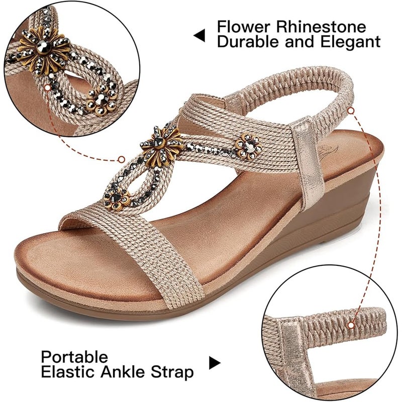 SHIBEVER Womens Wedge Sandals Flower Low Heel Platform Sandals Elastic Ankle Strap Rhinestone Sandals Summer Comfortable Shoes - Image 4
