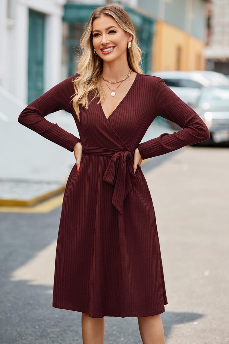 Newshows Womens 2025 Fall Dresses Teacher Church Business Casual Work Outfits Knit Midi Sweater Pockets Belt Dress(Wine Red, M) - Image 2