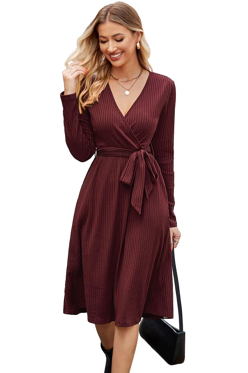 Newshows Womens 2025 Fall Dresses Teacher Church Business Casual Work Outfits Knit Midi Sweater Pockets Belt Dress(Wine Red, M) - Image 1