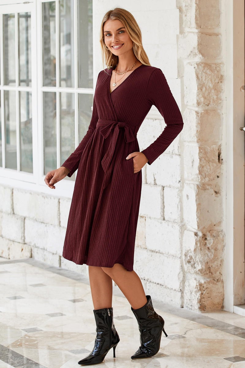 Newshows Womens 2025 Fall Dresses Teacher Church Business Casual Work Outfits Knit Midi Sweater Pockets Belt Dress(Wine Red, M) - Image 4