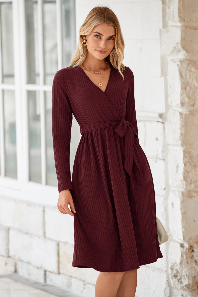 Newshows Womens 2025 Fall Dresses Teacher Church Business Casual Work Outfits Knit Midi Sweater Pockets Belt Dress(Wine Red, M) - Image 3